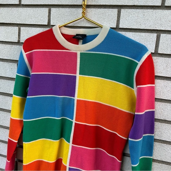 Vintage HEAD 100% Wool Rainbow Grid Sweater Large Made in Hong Kong - Picture 2 of 8